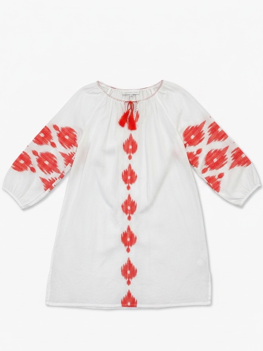 Christophe Sauvat White Cotton Embroidered Tassel Tie Loose Fit Dress Size Small